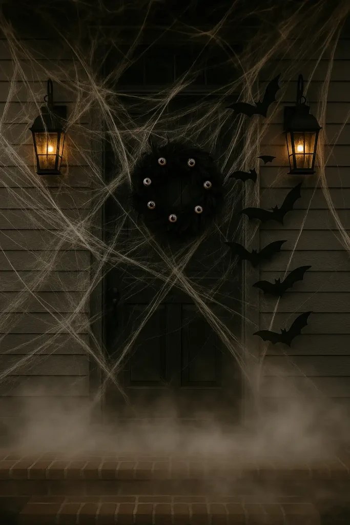 A dark-painted front door covered in faux spider webs, plastic bats flying outwards, and a haunted wreath with eyeballs and black feathers. Fog at the base for a mysterious vibe.