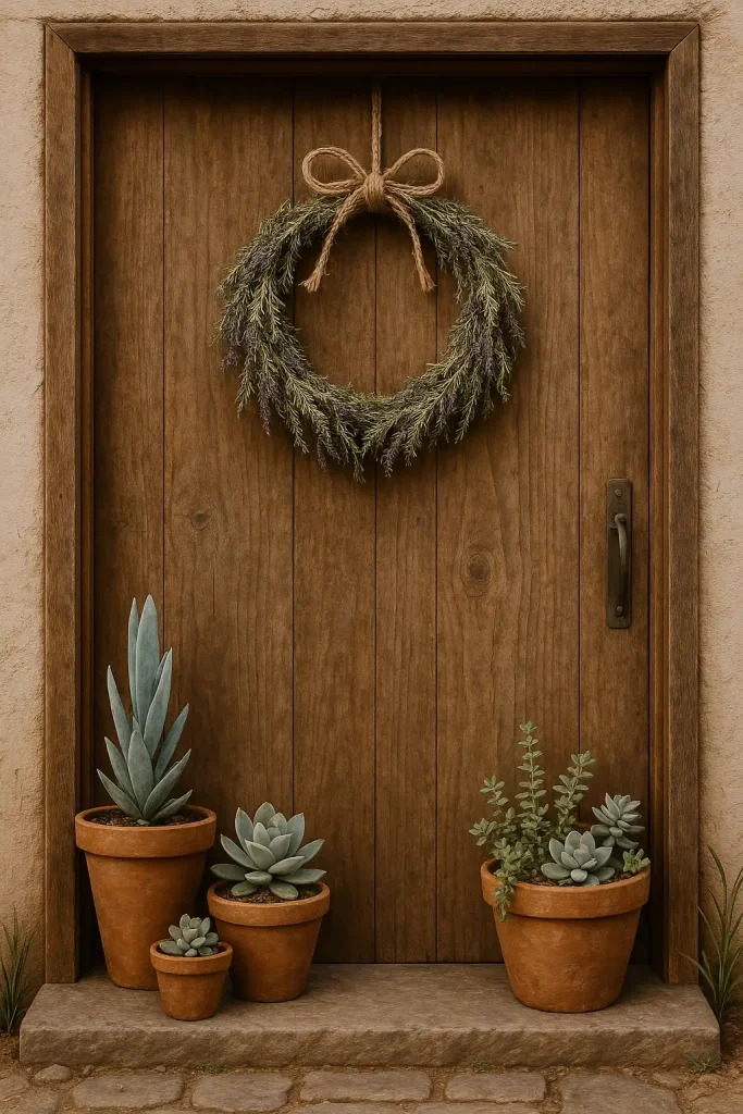 A wooden or reclaimed door decorated with a wreath made of dried herbs (lavender, rosemary), jute rope, and potted succulents. No plastic, all natural textures.