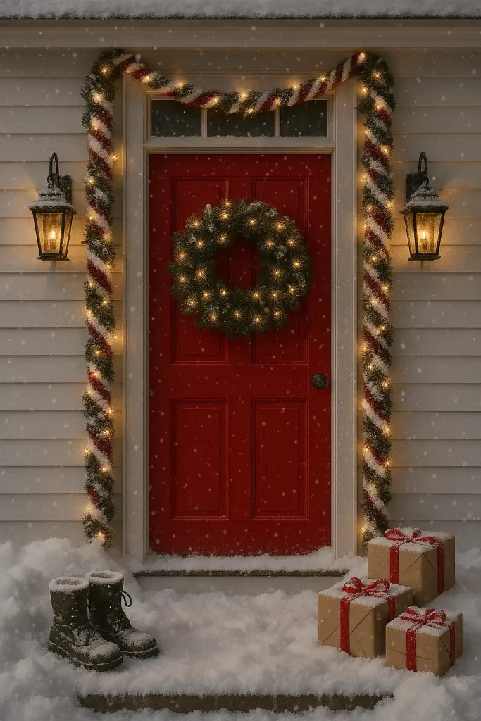 A snowy front porch with a red door adorned with a lush pine wreath, twinkling fairy lights, and candy-cane striped garlands framing the entrance. Snow-covered boots and wrapped presents nearby.
