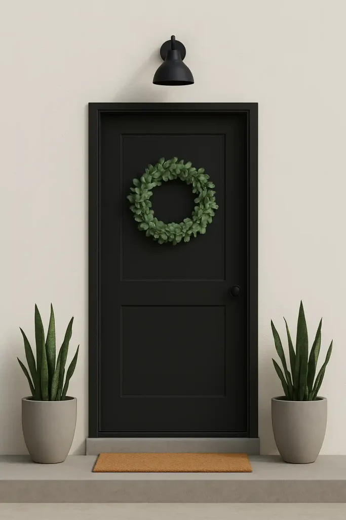 A sleek black door on a white stucco wall with a single eucalyptus wreath, a matte black sconce, and two symmetrical planters with snake plants. Clean lines and neutral tones.