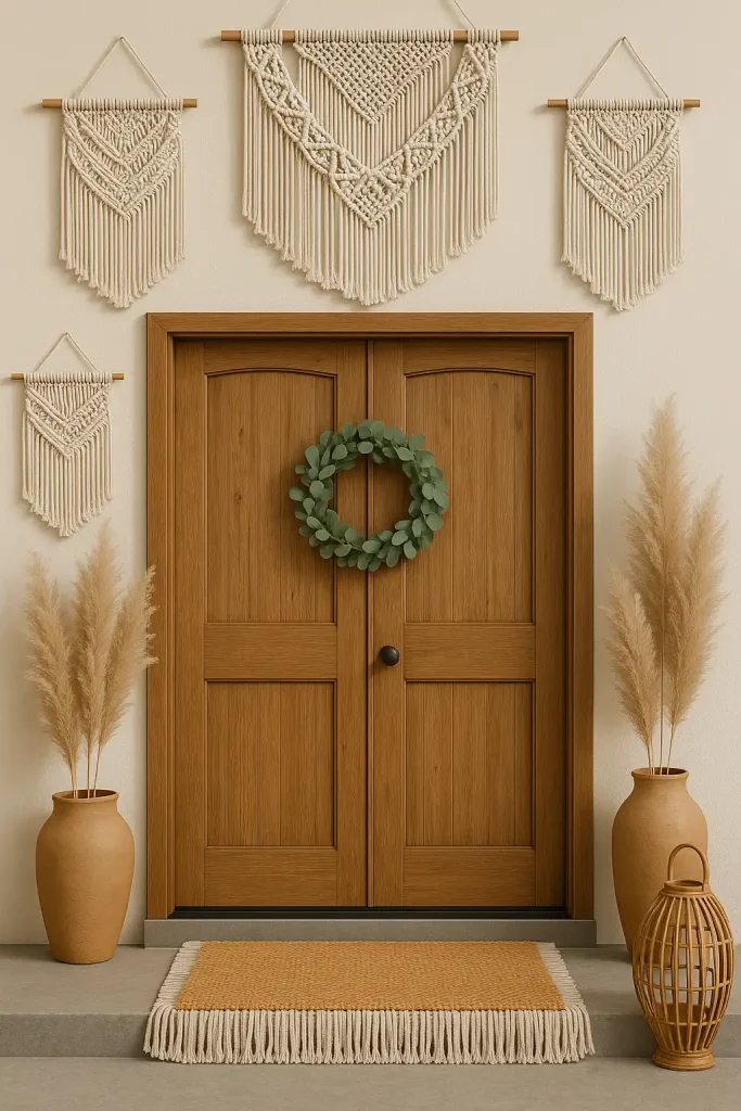A wooden double door surrounded by macramé wall hangings, pampas grass in terracotta pots, and a fringe doormat. A rattan lantern or swing chair off to the side.