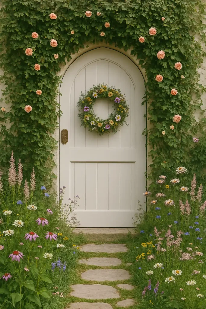 An arched white door framed with climbing ivy and rose vines, an antique brass knocker, and a wildflower wreath. A stone path leads up to it through a whimsical garden.