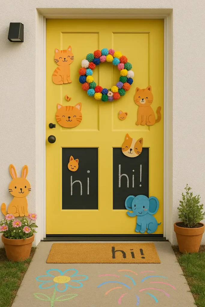 A bright yellow door with cartoon animal cutouts, chalkboard panels for messages, and a wreath made of colorful craft pom-poms. Sidewalk chalk art leading up the path.