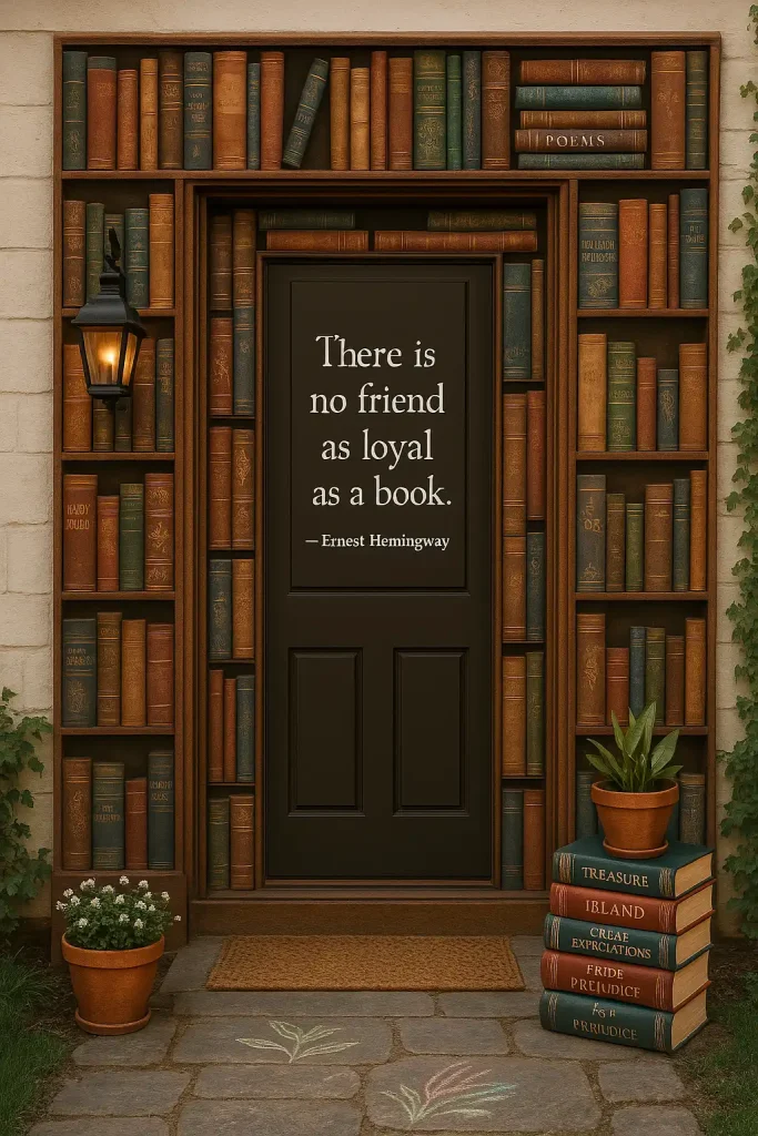 A whimsical front door with a faux bookshelf frame, literary quote decal on the door itself, and a vintage lantern. Stack of classic novels used as plant stands.