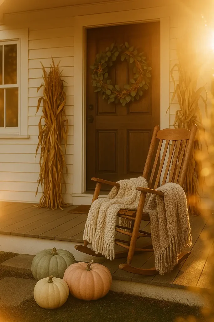 Goldenâhour shot of a classic white farmhouse porch layered with chunky knitted throws, heirloom pumpkins in muted sage, blush, and cream, a vintage wooden rocking chair, dried corn stalk bundles flanking the door, and an oversized eucalyptus + wheat wreath; warm backâlighting, shallow depth of field, cinematic lens flare, cozy autumn mood.