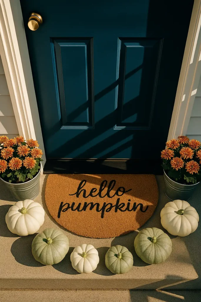 Graphic topâdown shot of a modern navy front door: layered halfâmoon natural coir doormat reading âhello pumpkinâ, symmetrical pairs of white and sage gourds, striped harvest mums in galvanized buckets, brass hardware catching afternoon light, crisp shadows, bold color pop, lifestyle blog aesthetic.