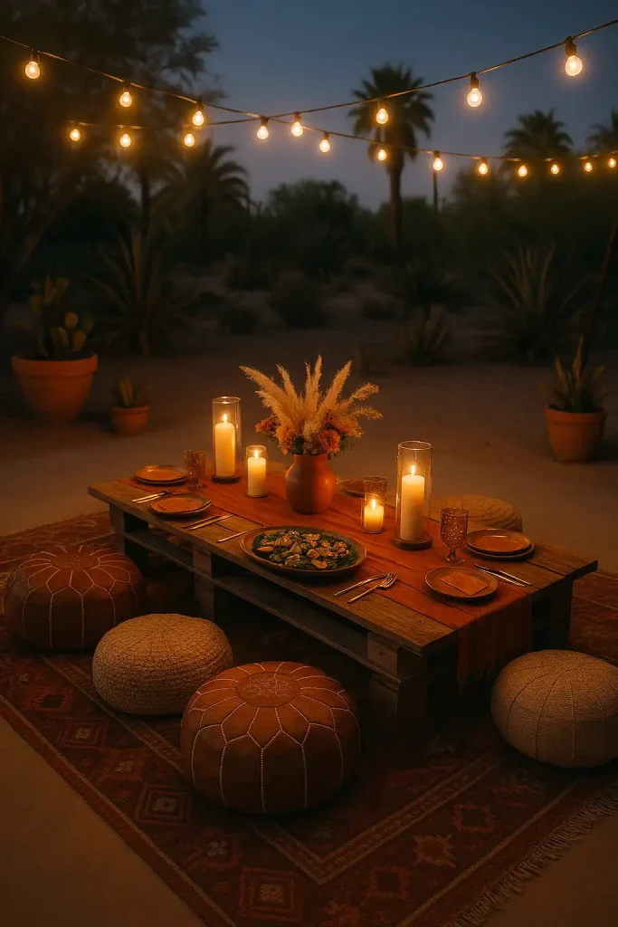 Alâfresco fall dinner on a desert patio at dusk: low Moroccan poufs around a reclaimedâwood pallet table, rustâtone kilim rugs, string lights overhead, terraâcotta planters with succulents, pillar candles in hurricane lanterns, platter of roasted squash salad; warm amber glow, slight lens vignette, dreamy.