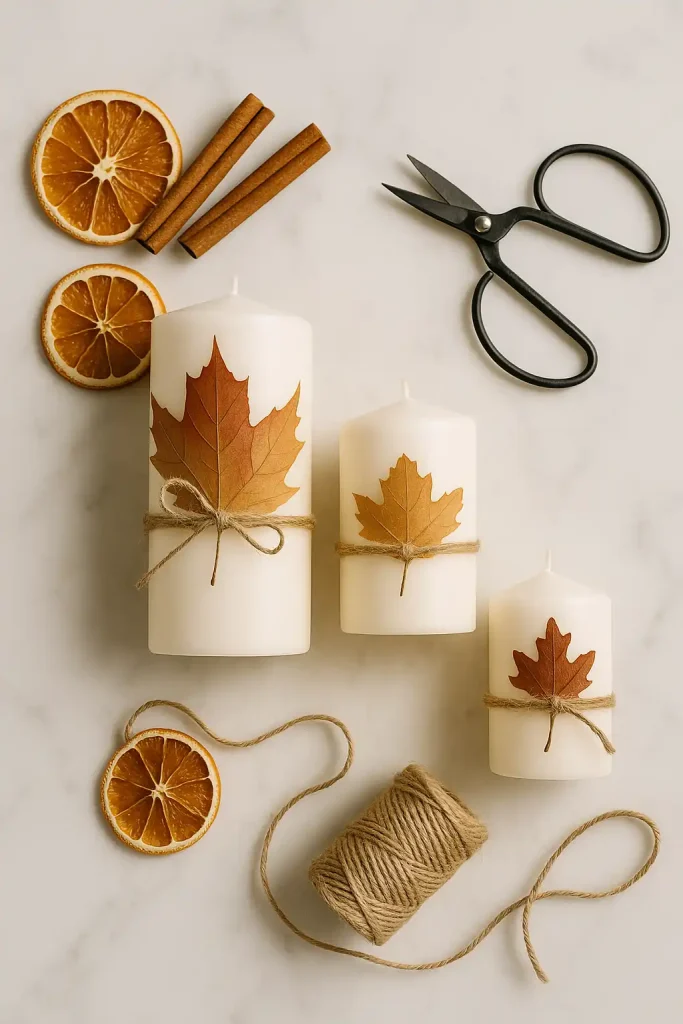 Stepâbyâstep craft scene on white marble: soy pillar candles wrapped in pressed autumn leaves secured with twine, dried orange slices, cinnamon sticks, craft scissors, spool of jute; soft overhead diffused lighting, minimal shadows, crisp editorial style, highâresolution product photography.