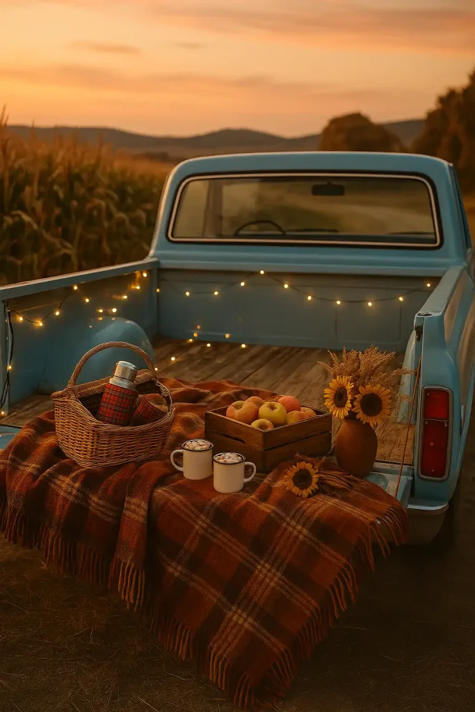 Goldenâhour scene at the back of a 1970s powderâblue pickup parked beside a cornfield: wool plaid blanket draped over the tailgate, wicker picnic basket spilling out plaid thermos and enamel mugs of hot cocoa, wooden crate of heirloom apples, dried sunflower bouquet, string of battery fairy lights pinned along truck bed, rolling hills under pastel sunset sky; lifestyle editorial vibe, 50âŻmm lens, soft film grain, warm earthy LUT, âarâŻ3:2, ultraârealistic.