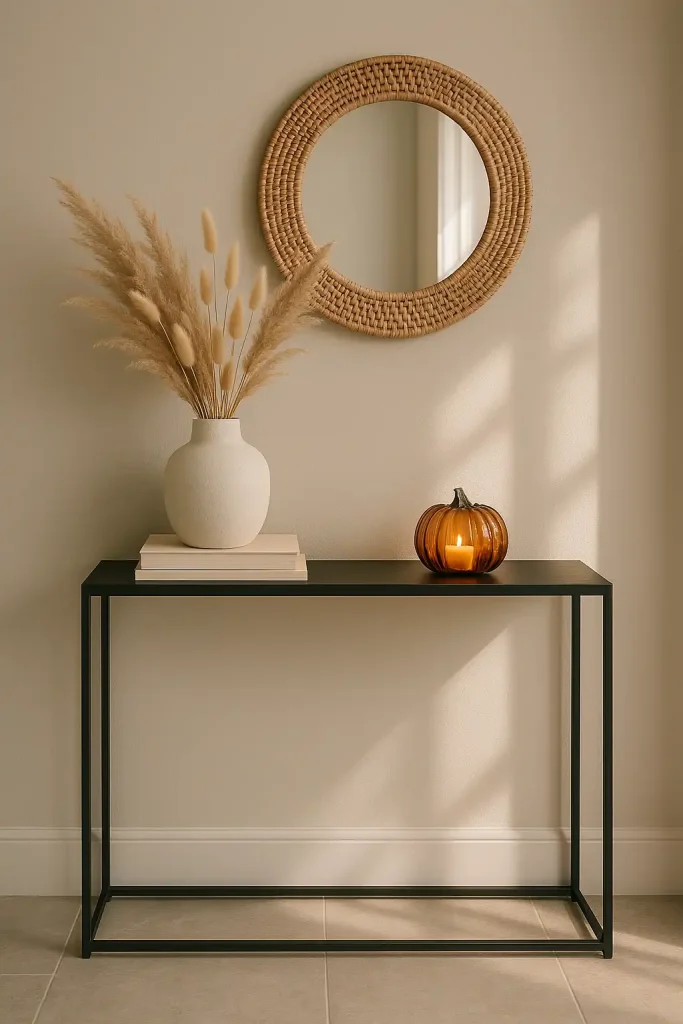 Minimalist entryway styled for autumn: matte greige walls, narrow black console table holding oversized ceramic vase of dried pampas and bunny tails, stack of coffeeâtable books in cream tones, ribbed amber glass pumpkin with flickering LED candle, round rattan mirror reflecting soft afternoon light, stone tile floor, subtle shadows; ScandinavianâJapandi fusion, 35âŻmm prime lens, crisp detail, âarâŻ4:5, photoreal.