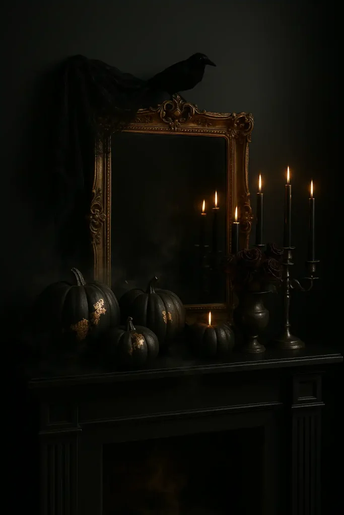 Dramatic blackâonâblack fireplace mantel: ornate gilded mirror draped with black lace, matte charcoal pumpkins dusted with gold leaf, tapered black candles in crystal candelabra, dried burgundy roses cascading from antique urn, wisps of artificial fog curling around, single raven figurine perched on frame; lowâkey chiaroscuro lighting, high contrast, cinematic gothic elegance, âarâŻ16:9.