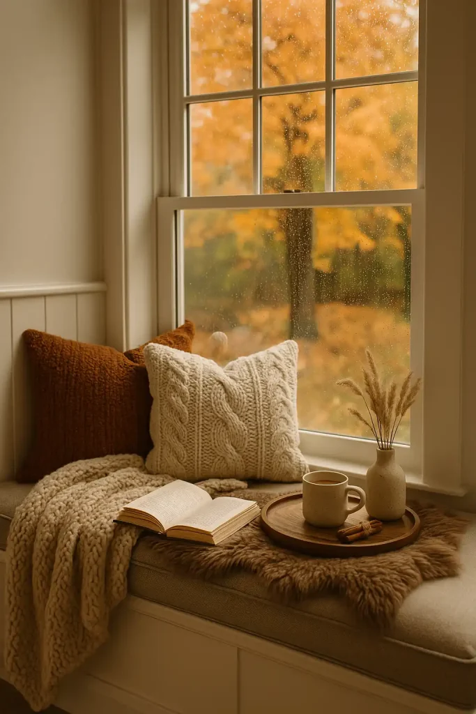 Cozy windowâseat alcove framed by mullioned windows showing amber maple leaves outside: builtâin bench layered with chunky knit pillows in rust and cream, faux fur throw, open hardback novel, steaming mug of chai on reclaimed wood tray, tiny vase of dried wheat, rain droplets on glass, soft diffused midday light; intimate hygge vibe, 85âŻmm portrait lens, shallow depth of field.