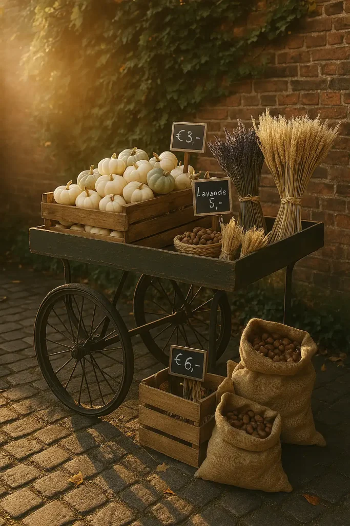 Antique French market cart parked on cobblestone patio: overflowing with mini white and sage gourds, bunches of dried lavender, bundles of wheat tied with twine, chalkboard price signs, burlap sacks of chestnuts, backdrop of ivyâclad brick wall; warm sidelighting, subtle lens flare, editorial streetâmarket styling, âarâŻ3:2.