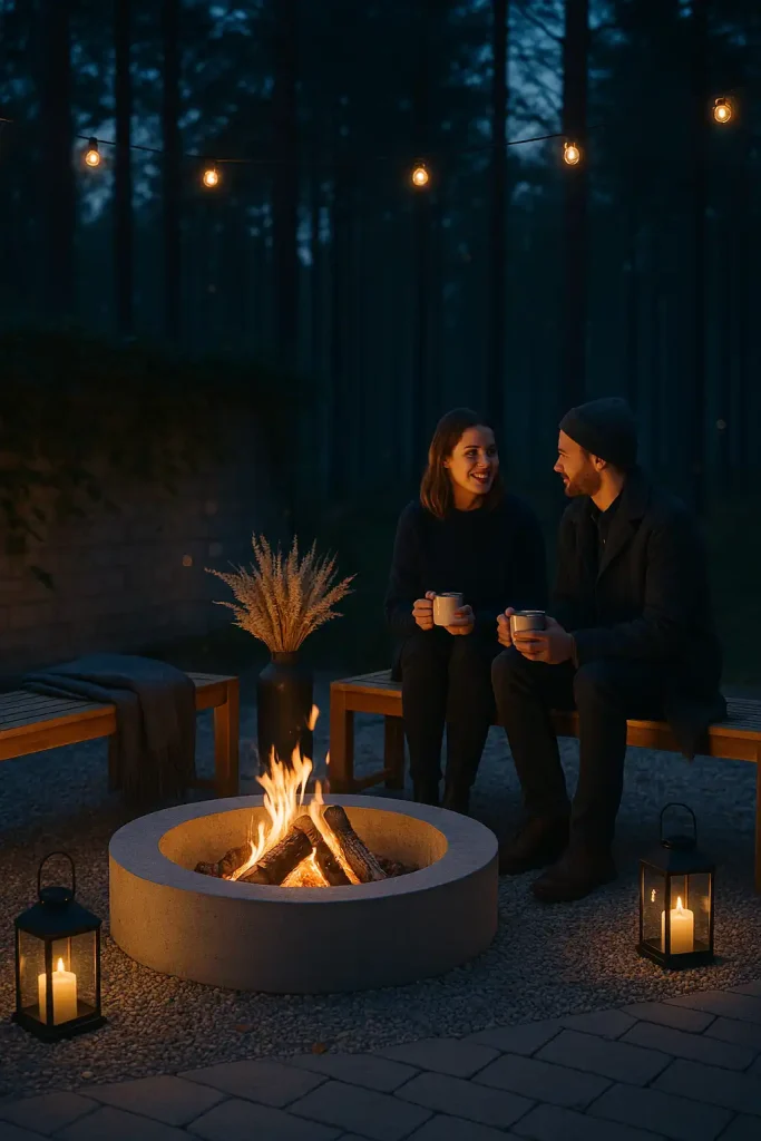 Minimalist Nordic backyard at dusk: circular concrete fire pit surrounded by low teak benches draped in charcoal wool blankets, birchâlog fire glowing, lanterns with pillar candles placed on gravel, slim string lights overhead, towering pines in background, couple sipping mulled wine from enamel mugs; cool blueâhour ambience, gentle bokeh, 4âŻk photorealism.