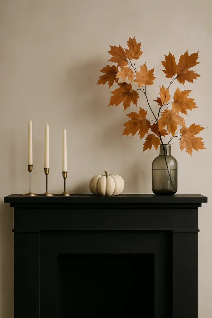 Sleek Scandinavian livingâroom mantel styled for fall: matte black fireplace surround, trio of ivory taper candles in brass holders, single sculptural ceramic pumpkin, asymmetrical branch of burntâorange maple leaves in a tall smokedâglass vase, neutral plaster wall, soft diffused morning light, minimal aesthetic, 35âŻmm lens.