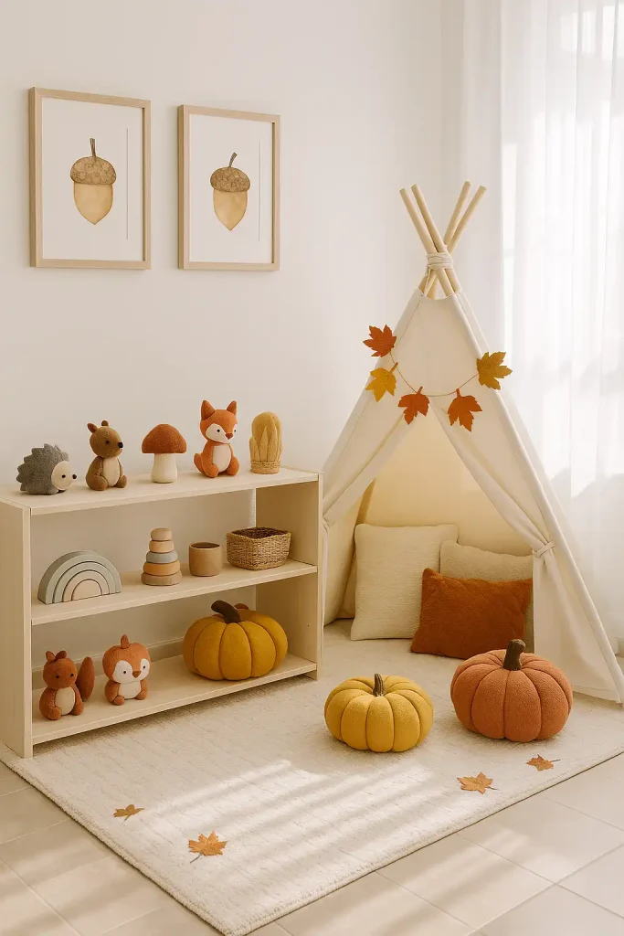 Bright Montessori playroom corner transformed for autumn: low naturalâwood shelf displaying felted woodland animal toys, canvas teepee tent with garland of felt maple leaves, plush pumpkin floor cushions in mustard and rust, framed watercolor acorn prints on white wall, soft daylight flooding through sheer curtains, pastel color grading, cheerful and inviting, âarâŻ4:5, ultraâsharp.