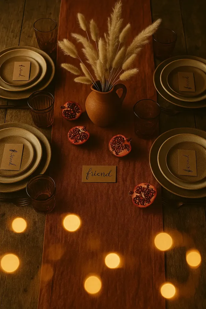 Overhead flatâlay of a bohemian Friendsgiving table on reclaimed wood: rustâcolored linen runner, layered stoneware plates, mixâandâmatch vintage glassware in amber and rose, pampas grass + bunny tail centerpiece in terracotta jug, handwritten kraftâpaper place cards, scattered pomegranate halves, moody cafĂŠ lights bokeh, earthy color grading.
