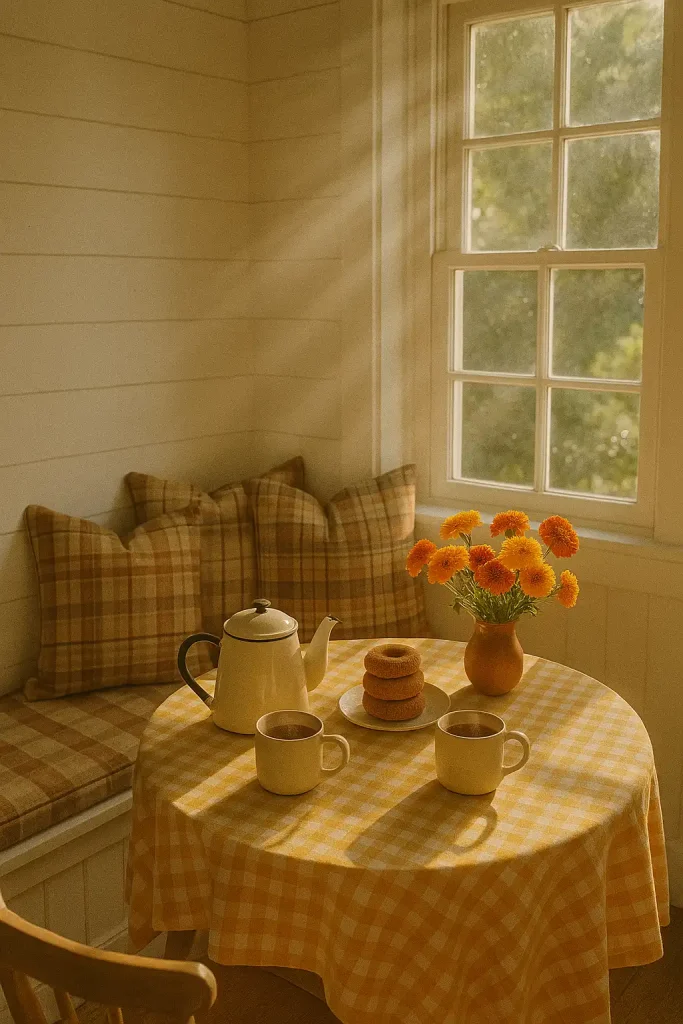 Sunâdappled cottage kitchen breakfast nook: white shiplap walls, builtâin bench piled with plaid cushions, small round table draped in mustard gingham cloth, enamel teapot, steaming appleâcider mugs, stack of cinnamonâsugar donuts, vase of freshly picked marigolds; gentle morning sun rays, nostalgic film grain, 4âŻk resolution.