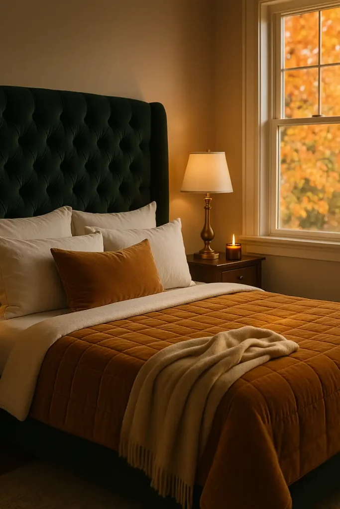 Cozy upscale bedroom styled for autumn: tufted velvet headboard in deep emerald, layered bedding with caramel velvet quilt, cashmere throw casually draped, bedside table holding a brass lamp and lit pumpkinâspice candle, window framing turning maple trees outside; soft ambient lighting, editorial interiorâdesign photography.
