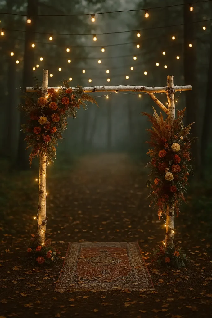 Outdoor woodland microâwedding arch at twilight: birch branches entwined with fairy lights, cascading florals in burnt orange, burgundy, and cream, Persian rug aisle runner sprinkled with dried leaves, soft stringâlight canopy overhead, misty forest background, cinematic bokeh, romantic ethereal vibe.
