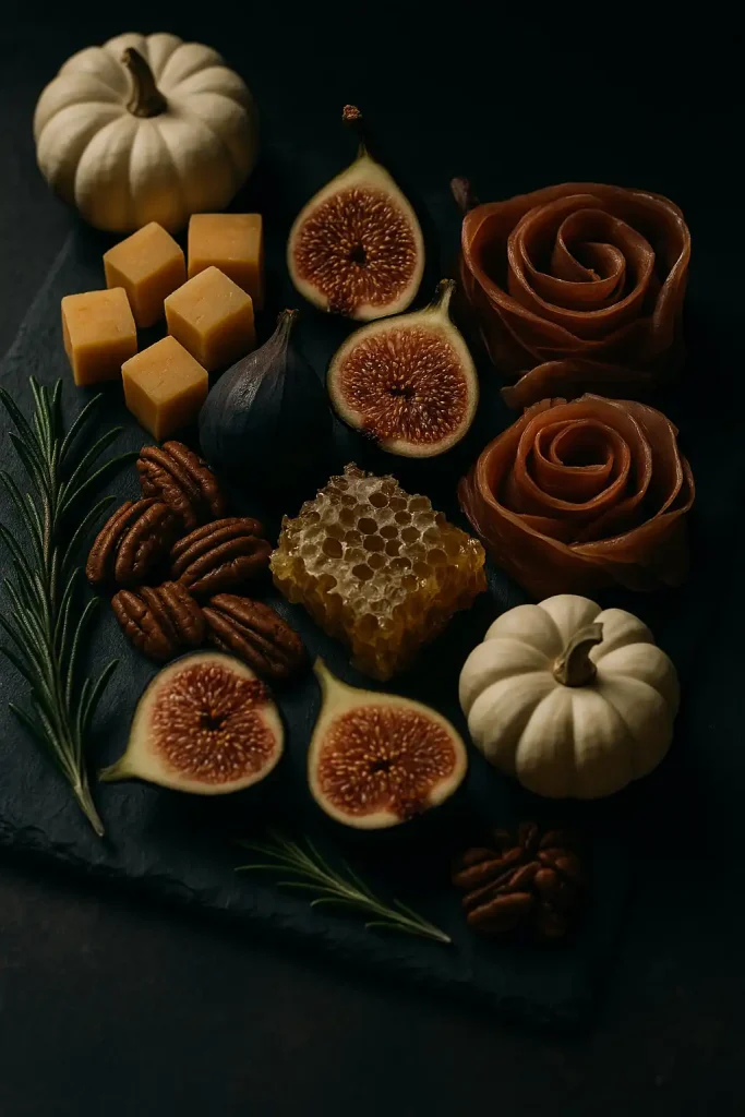 Moody closeâup of an autumn charcuterie board on dark slate: aged cheddar cubes, figs split open, prosciutto roses, rosemary sprigs, honeycomb chunk, roasted pecans, mini white pumpkins as garnish; dramatic sideâlighting, rich shadows, high contrast, foodâstyling magazine look.