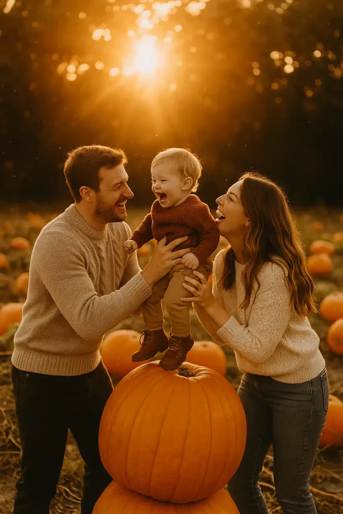 Golden sunset family candid in a sprawling pumpkin patch: parents in cozy knits lifting toddler onto giant orange pumpkin, sunburst through trees, floating dust motes, authentic laughter, candid lifestyle photography, warm earthy LUT, 85âŻmm portrait lens for creamy bokeh.