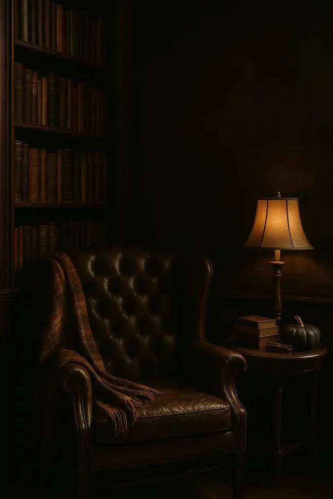 Oldâworld library corner dressed for fall: towering mahogany bookshelves, leather wingback chair with plaid throw, small side table topped with antique brass lamp, stack of weathered books, cinnamonâstick bundle, single darkâgreen pumpkin; chiaroscuro lighting, Rembrandt style, atmospheric dust particles.