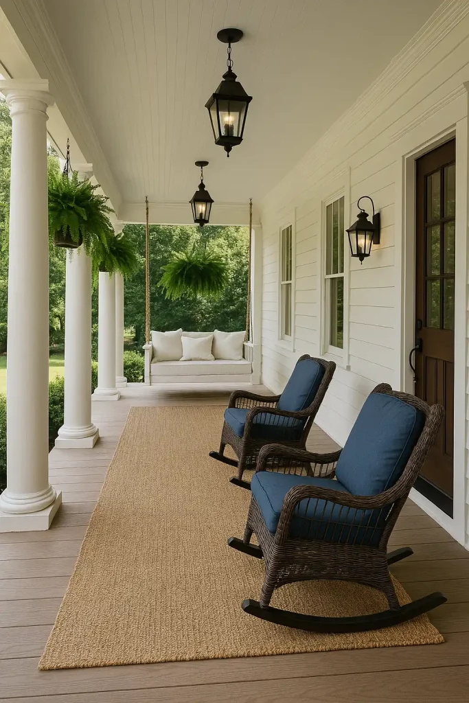 Wide front porch with white wooden columns, hanging ferns, wicker rocking chairs with blue cushions, a swing bed with white pillows, lantern-style lights, and a jute rug.