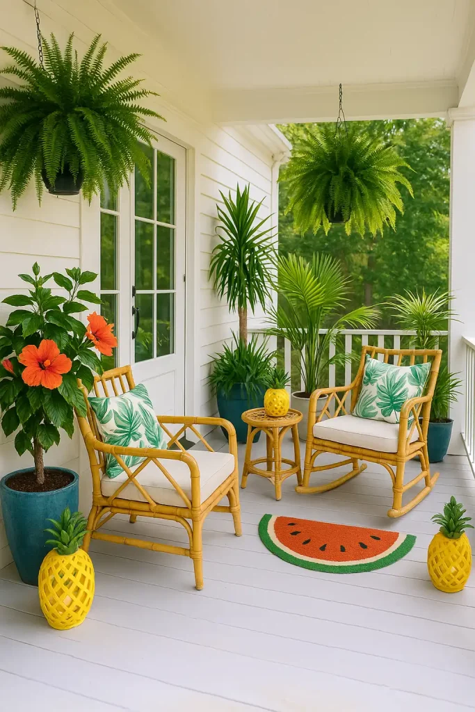 Bright summer porch with palm print pillows, bamboo chairs, pineapple lanterns, vibrant potted hibiscus, and a watermelon-shaped doormat