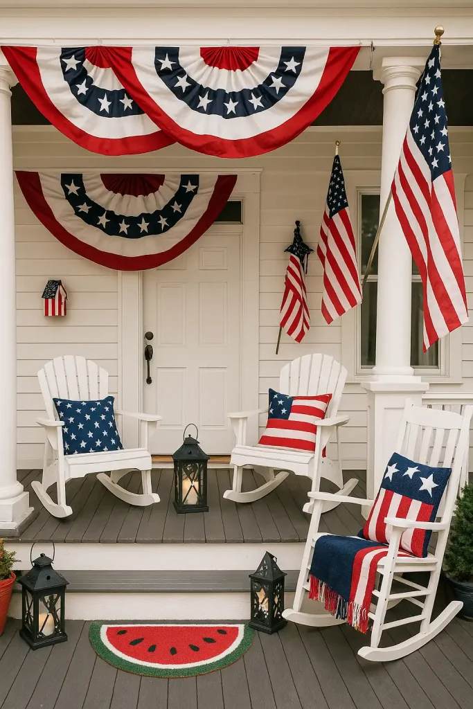 Festive porch with American flag bunting, red-white-and-blue pillows on Adirondack chairs, star-themed lanterns, and a white rocking chair with a patriotic throw