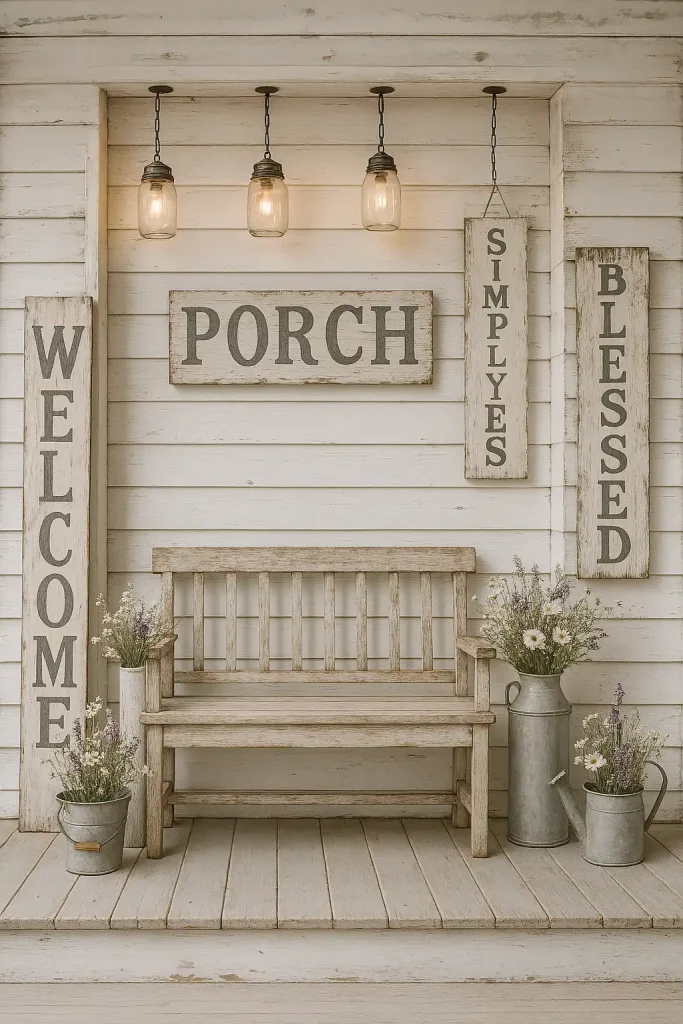 Whitewashed front porch with distressed wood signs, galvanized buckets with wildflowers, mason jar lights, and a reclaimed wood bench