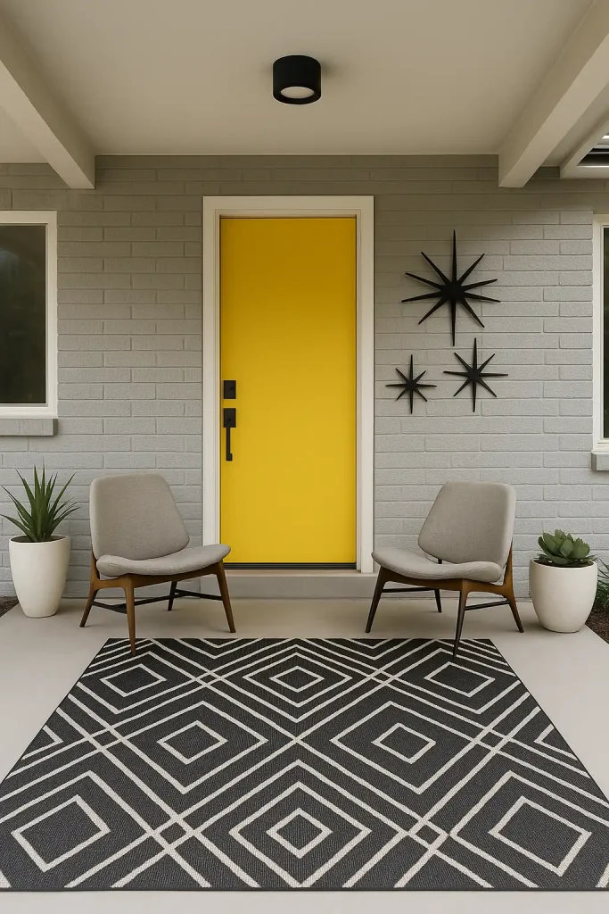 Mid-century modern porch with low-profile chairs, atomic starburst wall art, minimalist planters, geometric rug, and bright yellow front door