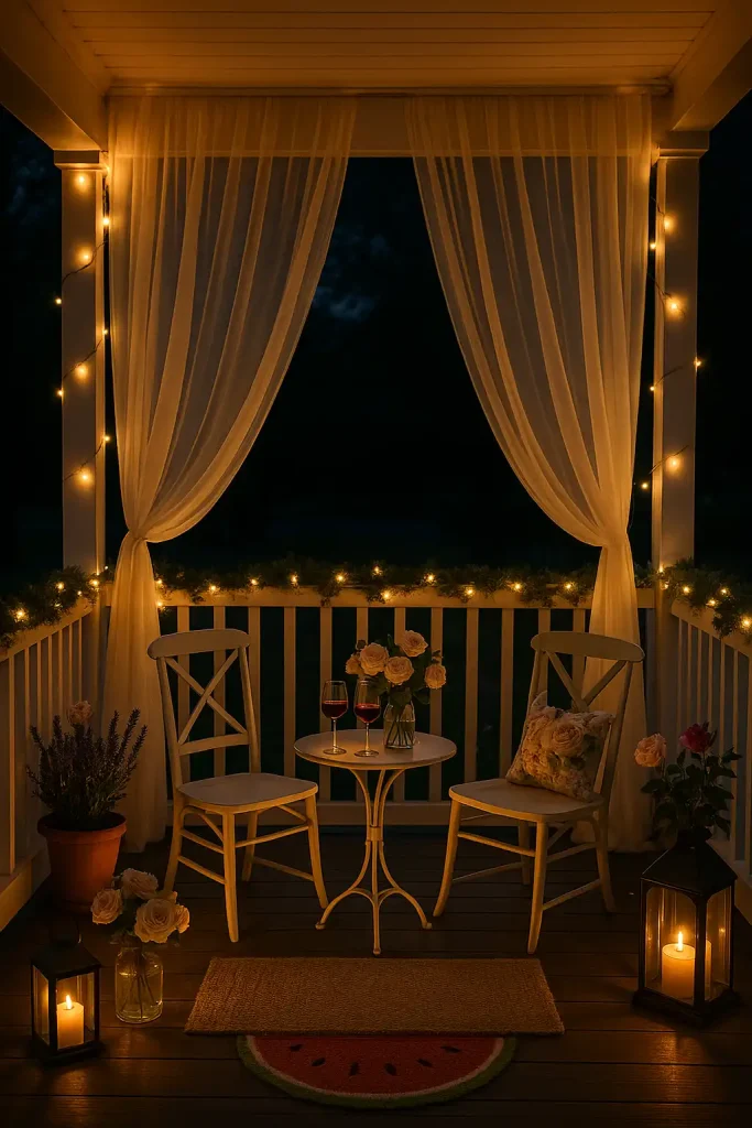 Twilight porch with soft fairy lights, candlelit lanterns, sheer curtains draped from the ceiling, roses in vases, and two glasses of wine on a small table