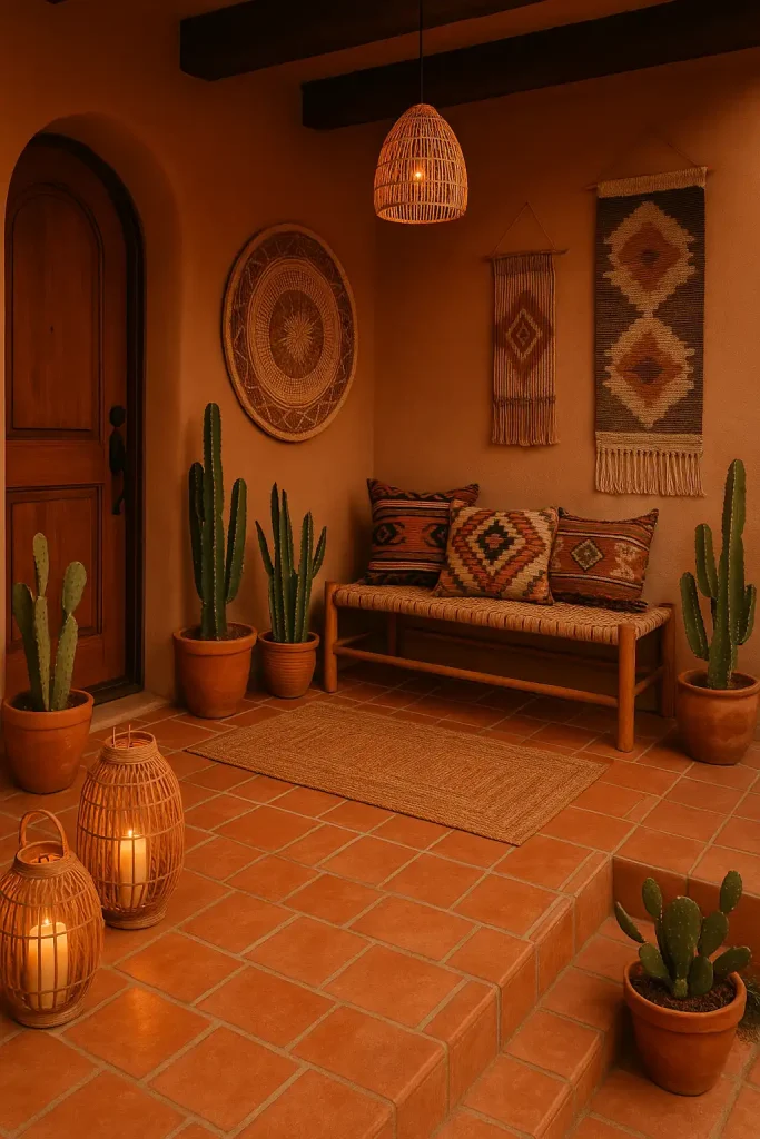 Southwestern-inspired front porch with terracotta tiles, cactus and aloe in clay pots, a woven bench with tribal print cushions, desert-toned wall hangings, and rattan lanterns