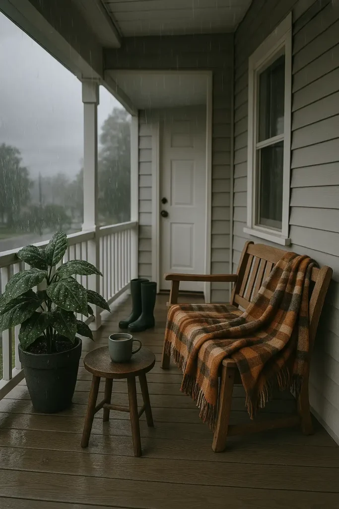 Cozy covered front porch on a rainy day, gray overcast sky, warm plaid blanket on a wooden bench, hot coffee mug on a small side table, rubber boots by the door, and a large leafy plant dripping with raindrops