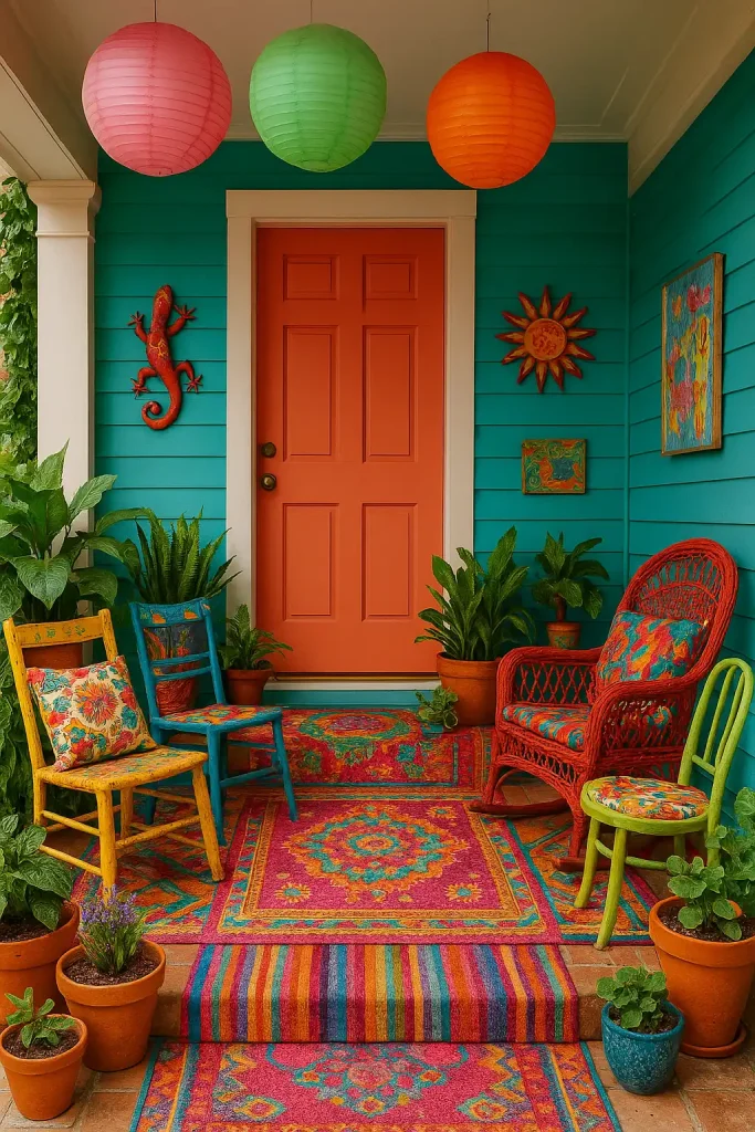 Vibrant and colorful front porch with mismatched vintage chairs, bold patterned cushions, hanging paper lanterns, colorful rugs layered on the floor, potted plants of all sizes, and quirky wall art