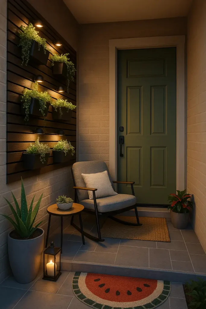 Small urban front porch with a narrow space, vertical garden on the wall, one stylish chair with a comfy cushion, small round table with succulents, soft lighting, and a colorful front door