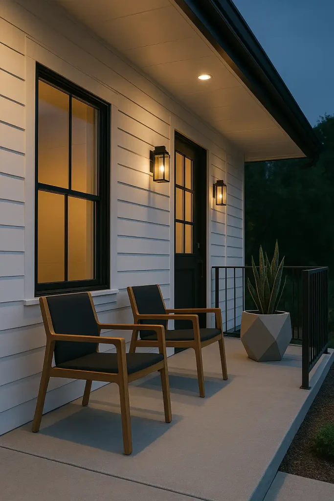 Modern front porch with clean lines, black metal railing, two sleek teak chairs, a geometric concrete planter with a snake plant, and warm ambient lighting