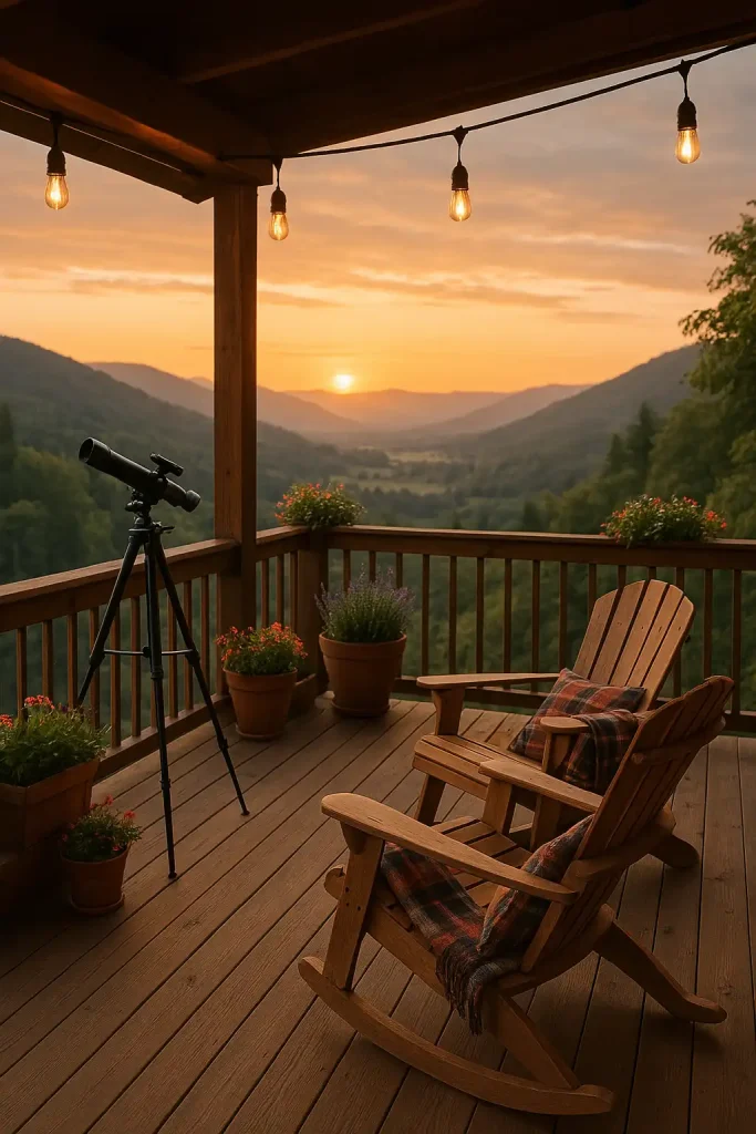 Elevated front porch overlooking a scenic valley, wooden railing with planters, pair of Adirondack chairs facing outward, cozy plaid throw, telescope on a stand, and hanging Edison bulb string lights