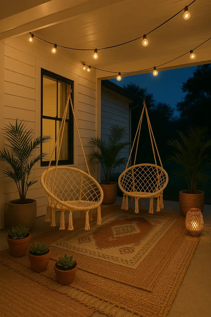 Bohemian-style porch with macrame hanging chairs, layered rugs, potted succulents and palms, string lights overhead, and woven lanterns on the floor