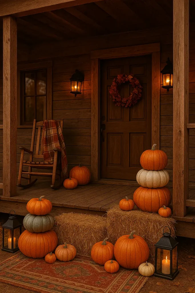 Rustic wooden front porch with hay bales, stacks of pumpkins in varying colors, a plaid blanket draped over a rocking chair, autumn wreath on the door, and lanterns with flickering candles