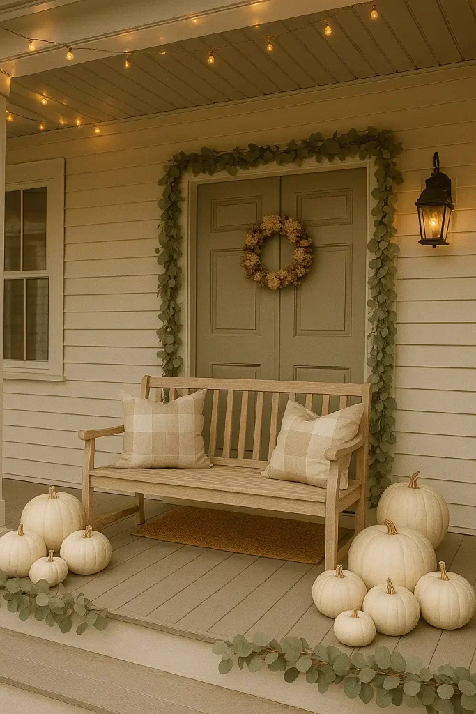 Neutral-toned fall front porch with white pumpkins, eucalyptus garlands, a farmhouse-style bench, beige and white plaid pillows, and golden fairy lights
