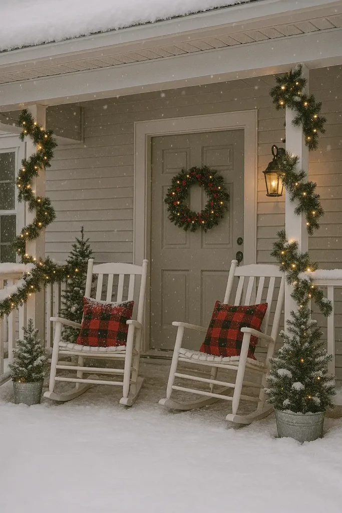 Snow-covered front porch with red and green holiday wreath, garland wrapped around the railings, a pair of rocking chairs with red flannel pillows, pine trees in metal buckets, and fairy lights twinkling
