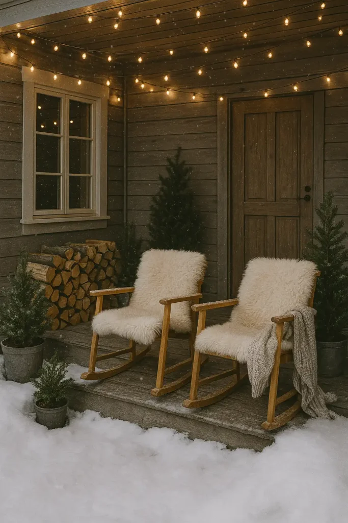 Rustic winter porch without holiday themes: sheepskin throws on wooden chairs, stacked firewood, evergreen plants in pots, warm white string lights, and a knitted blanket draped casually
