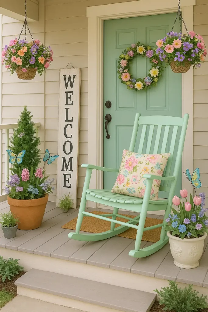 Cheerful spring front porch with pastel flowers in hanging baskets, a mint green rocking chair, floral cushions, welcome sign with floral wreath, and butterfly garden accents