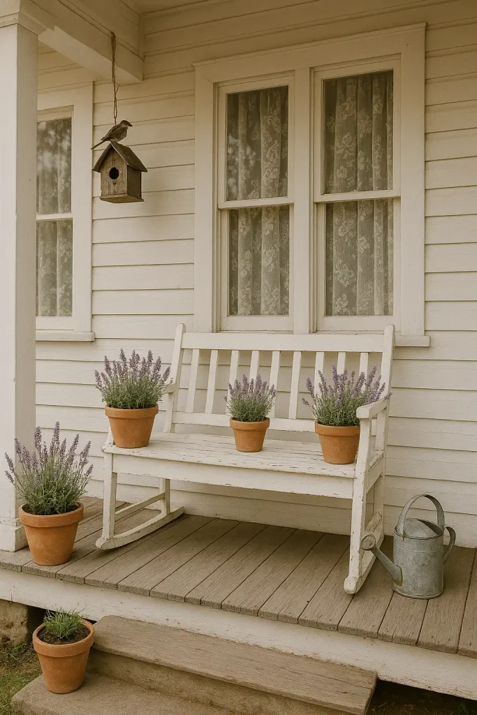 Quaint porch with white vintage bench, lavender in terra cotta pots, lace curtains in the windows, birds nesting in a small hanging birdhouse, and antique watering can by the steps