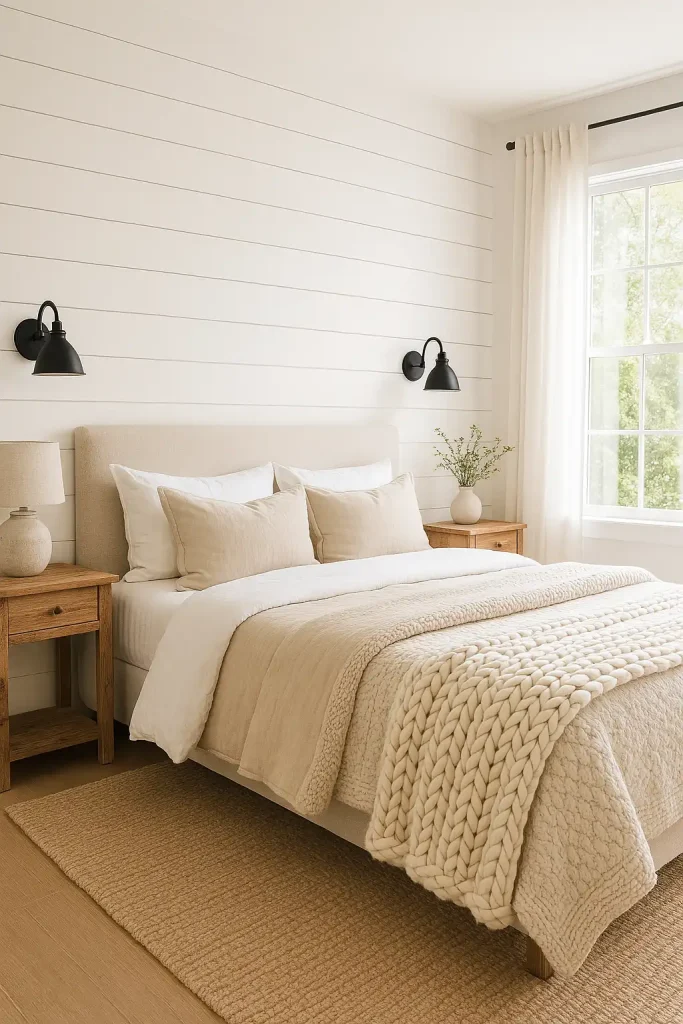 Bright and airy modern farmhouse guest bedroom with a shiplap accent wall, white and beige bedding layered with chunky knit throws, rustic wooden nightstands, black metal sconces, a woven rug, and large windows with soft white curtains, natural light streaming in.