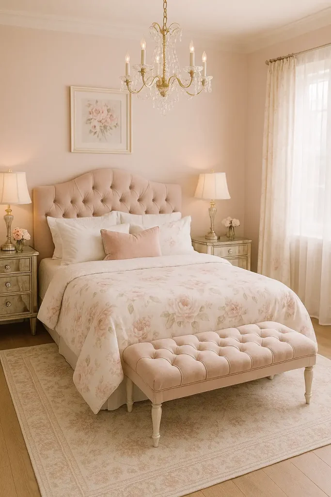 Soft and romantic guest bedroom with blush pink and ivory tones, floral prints, tufted bench at the foot of the bed, vintage mirrored nightstands, and delicate lighting from a crystal chandelier, very feminine and elegant