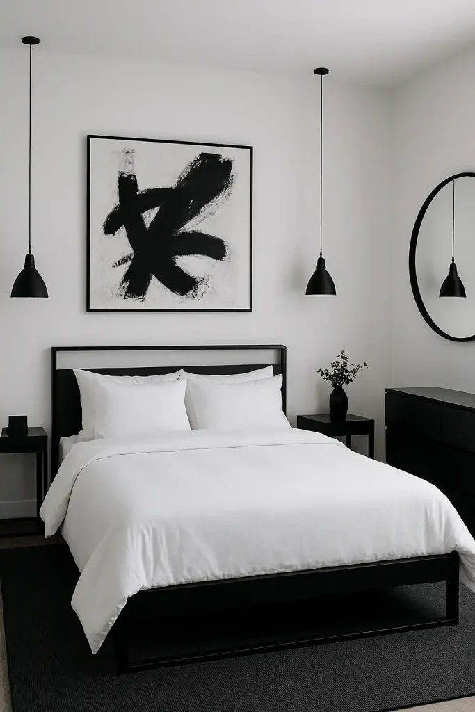 Sleek monochrome guest bedroom with black and white palette, matte black bed frame, crisp white linens, abstract black-and-white artwork, minimalist pendant lighting, and a large round mirror above a black lacquered dresser