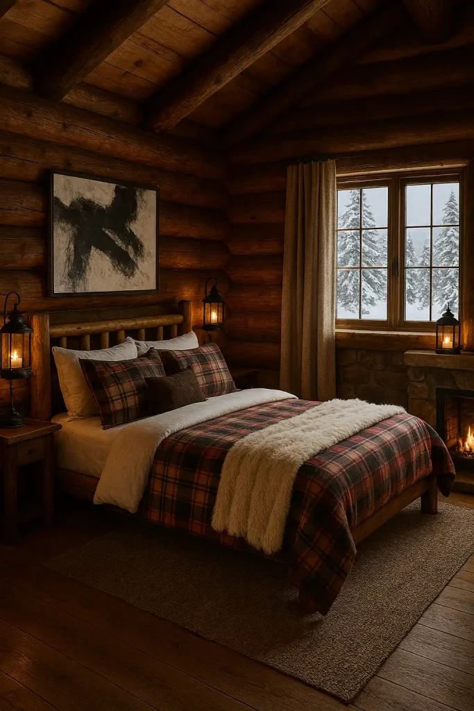 Cozy guest bedroom in a log cabin setting with exposed wood beams, plaid bedding, stone fireplace, faux fur throws, vintage lanterns for lighting, and snow-covered pine trees visible through the window